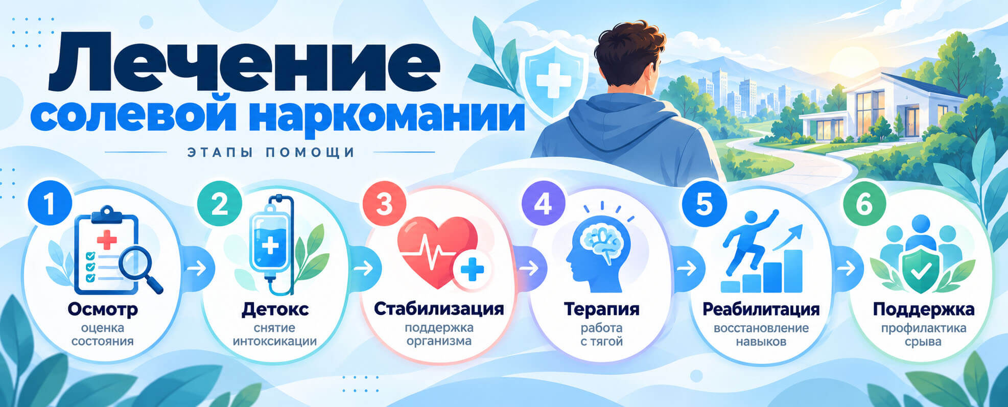 Этапы лечения солевой наркомании: осмотр, детоксикация, стабилизация, психотерапия, реабилитация и профилактика срывов